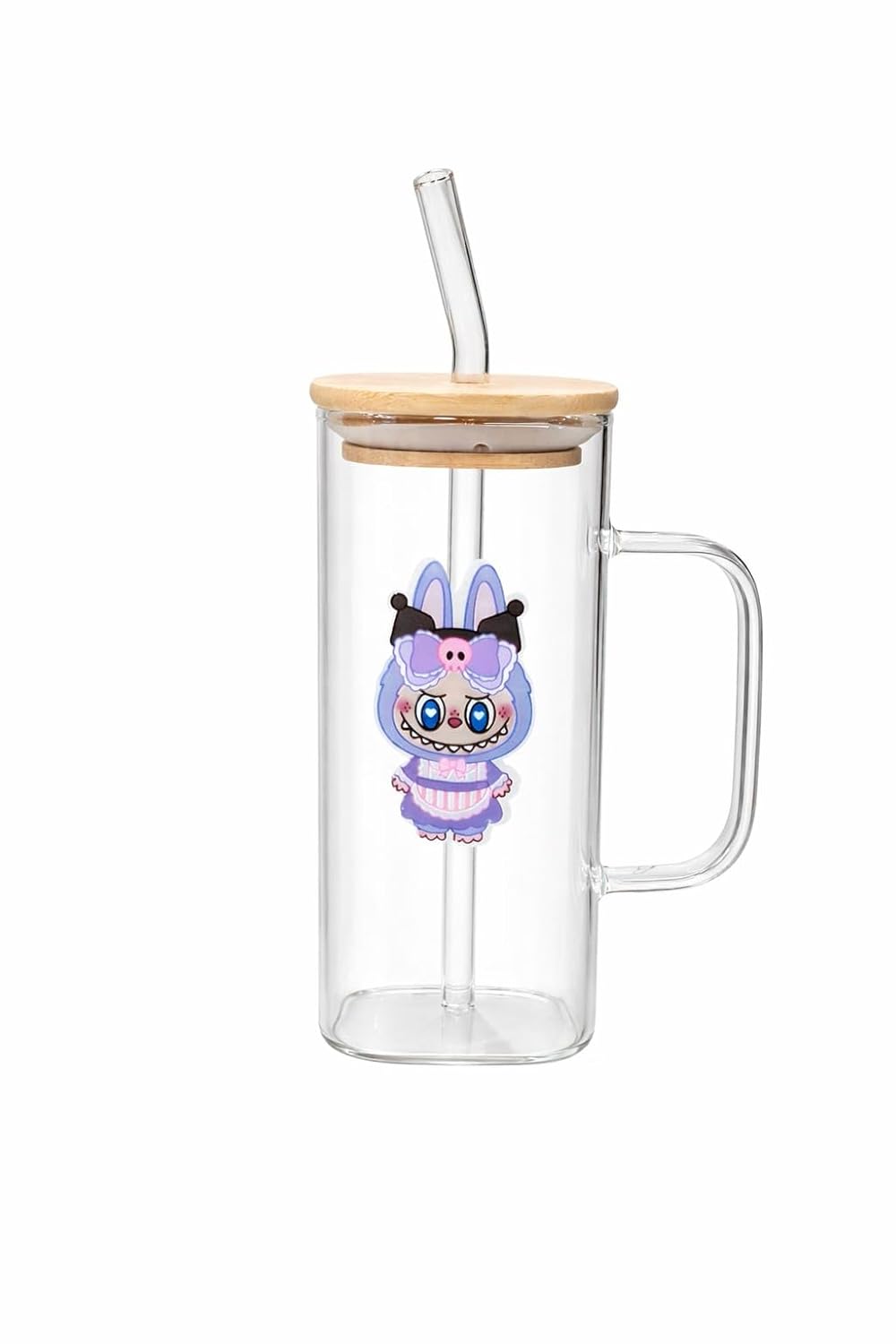 Cute Glass Sipper Tumbler with Handle, Bamboo Lid & Bent Glass Straw | Borosilicate Drinking Mug for Coffee, Milk, Juice & Water (Purple)