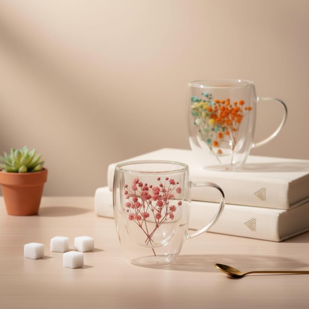 Floral Glass Cup (Pack of 2) | Transparent Double Wall Mug with Flowers