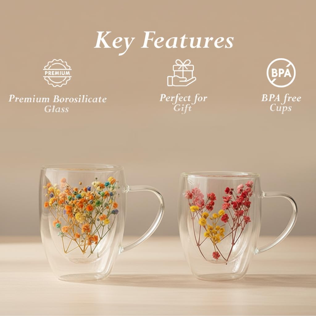 Floral Glass Cup (Pack of 2) | Transparent Double Wall Mug with Flowers