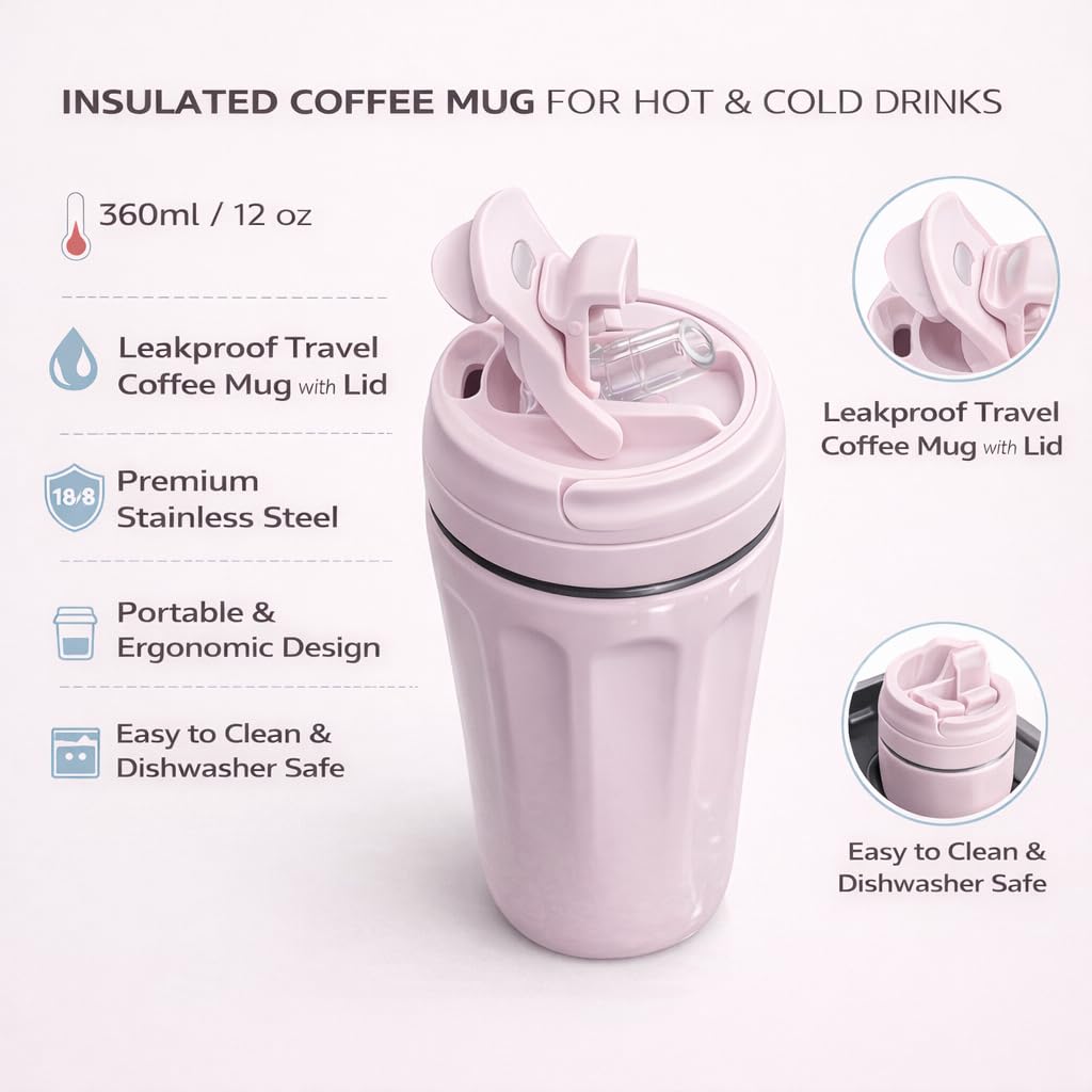 Travel Coffee Mug 360ml – Double Wall Vacuum Insulated Stainless Steel Cup with Lid, Leakproof Thermal Tumbler for Office & Coffee (Pink)