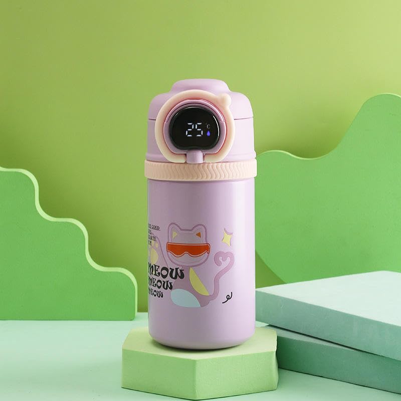 Pink thermos bottle with digital display on a green background