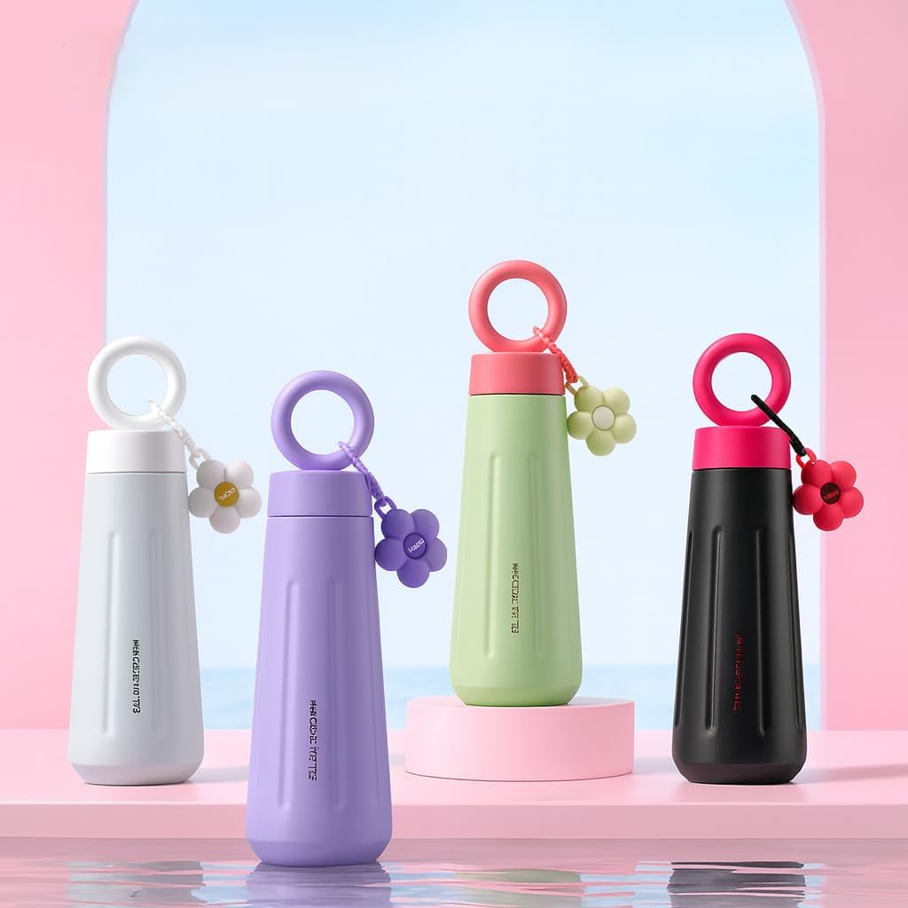 Four colorful water bottles with decorative elements on a pink and blue gradient background