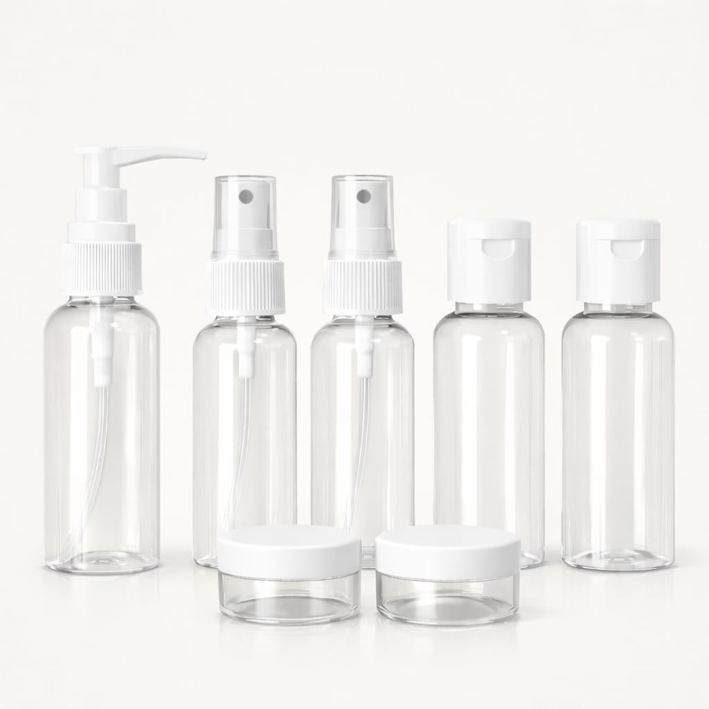 Travel Bottles for Toiletries with Pouch (7 Pcs) | Refillable Toiletry Containers for Shampoo, Lotion, Creams, Perfume & Cosmetics | Portable Travel Kit (White)