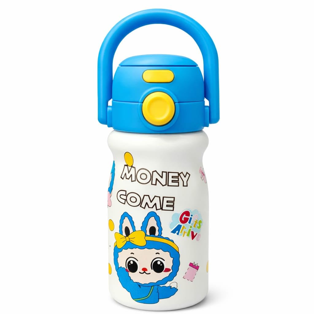Cute cartoon printed water bottle with handle. 520 ml capacity, lightweight and easy to carry. Perfect for kids, school, travel and daily use. (White)