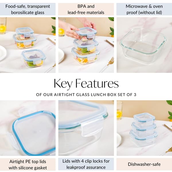 DailyAlley Glass Food Storage Set (3-Pack) – BPA-Free Borosilicate Containers with Airtight Lids, Leak-Proof, Microwave & Freezer Safe Dailyalley