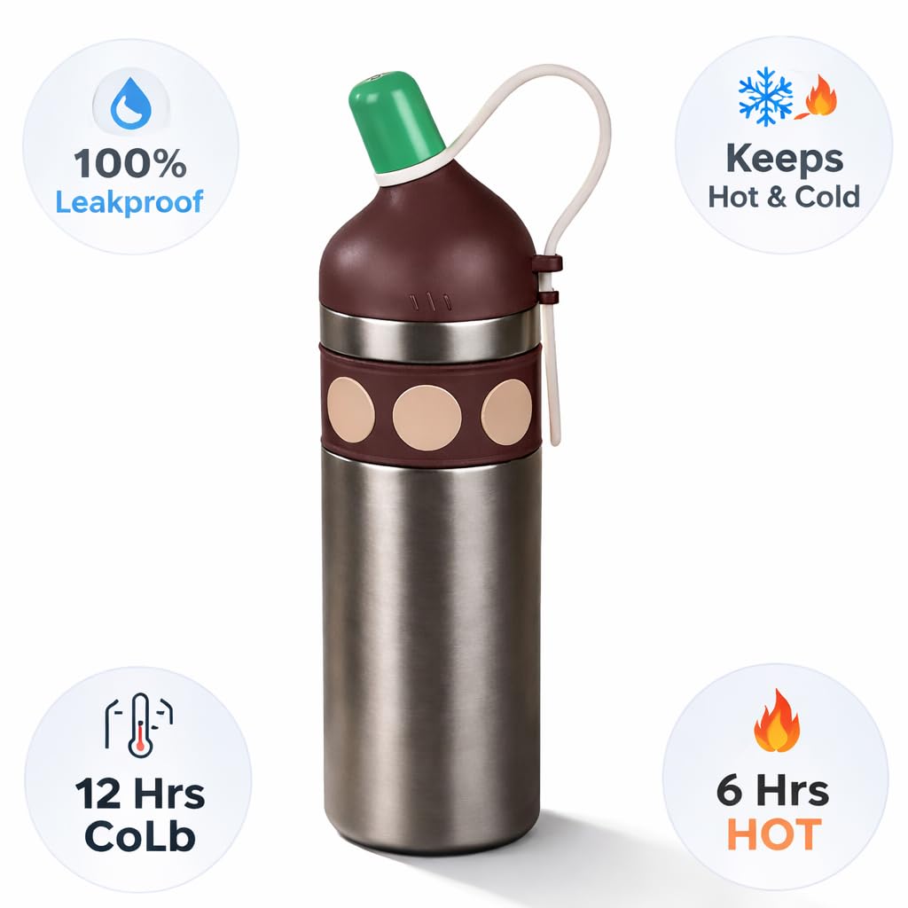 Stainless Steel Thermal Water Bottle 750ml – Double Wall Vacuum Insulated, Leak-Proof, Portable Strap Design for Travel, Office & Outdoor use (Brown)