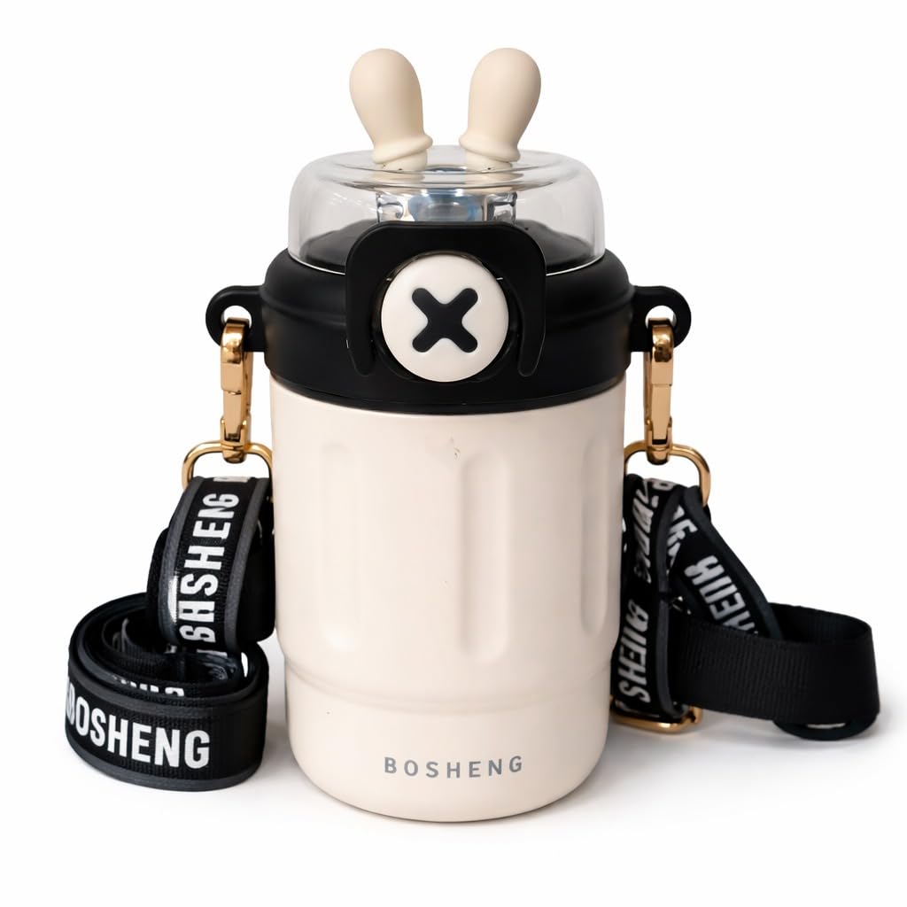 300 ml Kids Water Bottle with Stylish Carry Strap | Leakproof Lock Cap | Cute Cartoon Design | Portable Sipper for School & Travel (White)