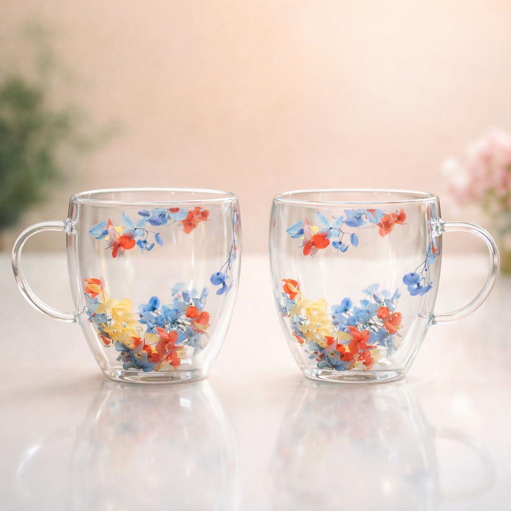 Floral Glass Cup (Pack of 2) | Premium Transparent Double Wall Mug with Flowers (Multicolor)