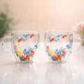 Floral Glass Cup (Pack of 2) | Premium Transparent Double Wall Mug with Flowers (Multicolor)