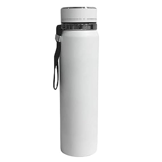 White insulated bottle with black handle on a white background