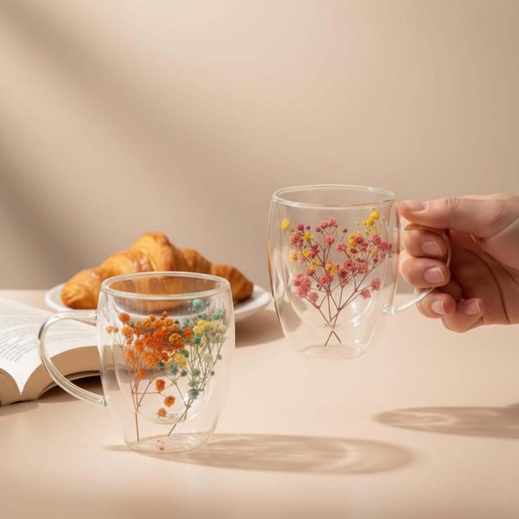 Floral Glass Cup (Pack of 2) | Transparent Double Wall Mug with Flowers
