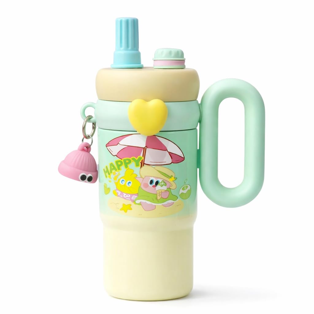 850ml Kids Stainless Steel Water Bottle with Straw Lid & Handle | Leakproof School Sipper for Boys & Girls | Dual Drinking Design, Durable Travel Bottle for Water, Milk & Juice (Green)
