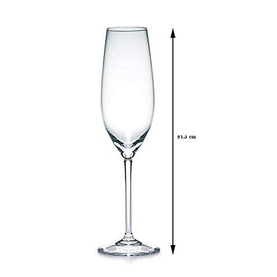 Clear champagne flute with measurement label on a white background
