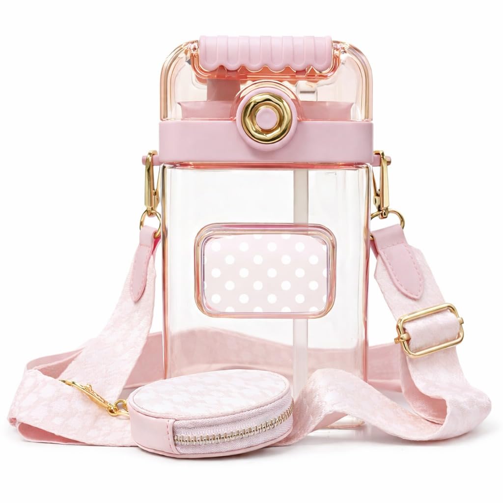 Transparent Glass Sipper Bottles with Straw – Leakproof Flip Lid Drinking Cup, Reusable Glass Water Bottle for Juice, Coffee & Cold Beverages, Portable Travel Sipper (Pink)