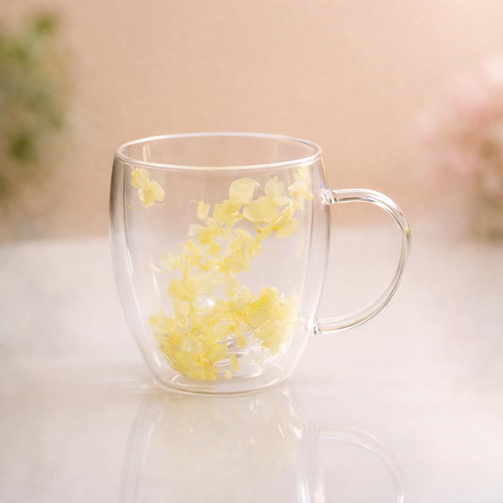 Floral Glass Cup (Pack of 2) | Premium Transparent Double Wall Mug with Flowers (Assorted)