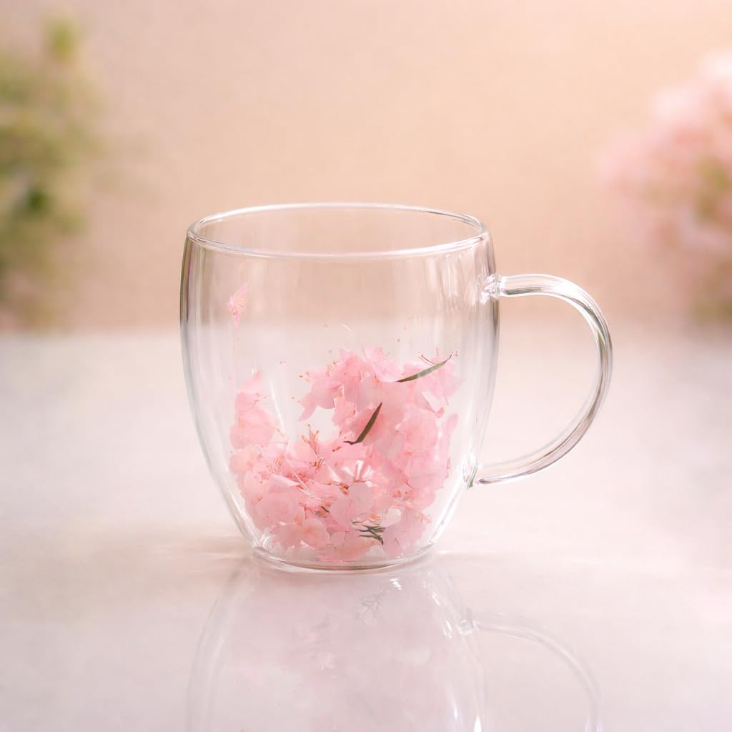 Floral Glass Cup (Pack of 2) 350ml Each | Premium Transparent Double Wall Mug with Flowers (Pink)