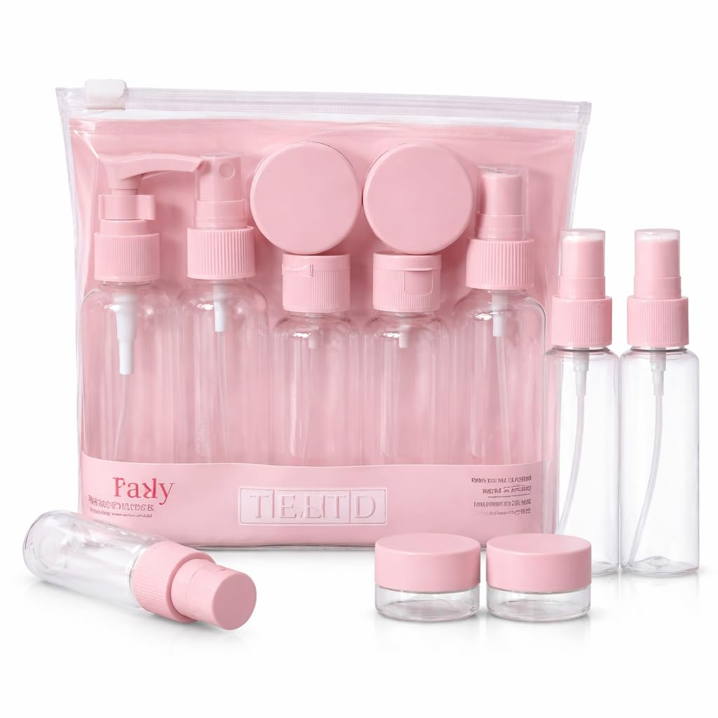 Travel Bottles for Toiletries with Pouch (7 Pcs) | Refillable Toiletry Containers for Shampoo, Lotion, Creams, Perfume & Cosmetics | Portable Travel Kit (Pastel Pink)