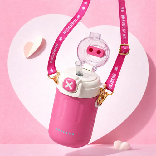 300 ml Kids Water Bottle with Stylish Carry Strap | Leakproof Lock Cap | Cute Cartoon Design | Portable Sipper for School & Travel (Pink)