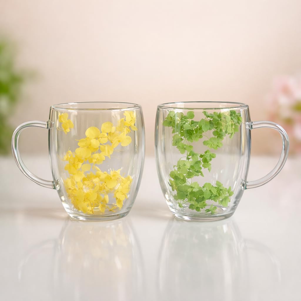 Floral Glass Cup (Pack of 2) | Premium Transparent Double Wall Mug with Flowers (Assorted)