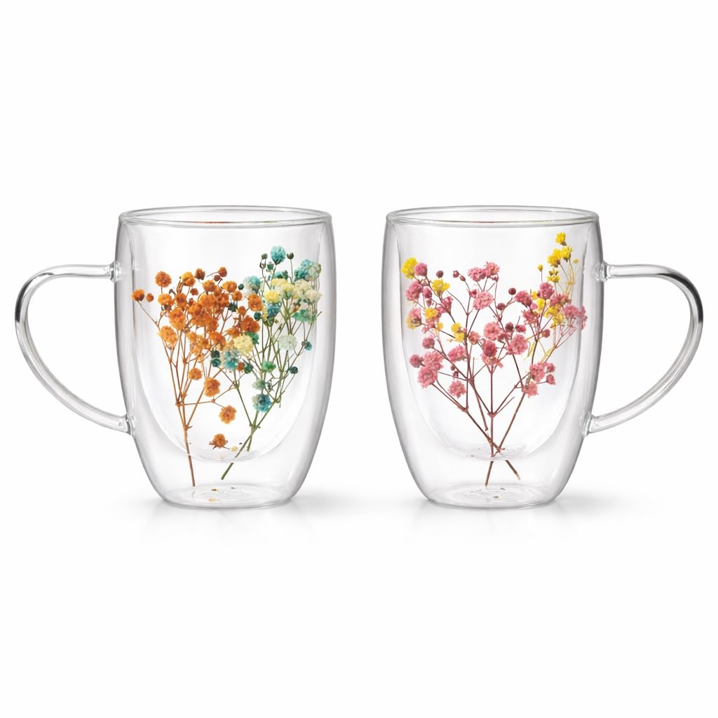 Floral Glass Cup (Pack of 2) | Transparent Double Wall Mug with Flowers