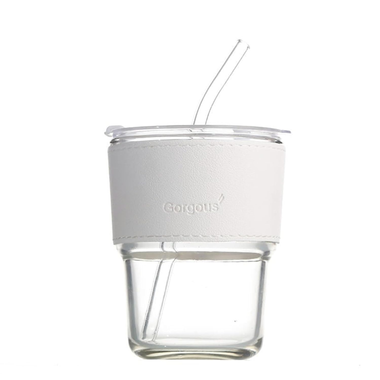 DailyAlley 400ml White Glass Sipper - An aesthetic tumbler with a leather sleeve and straw. Perfect for coffee, juice, and smoothies on the go. Dailyalley