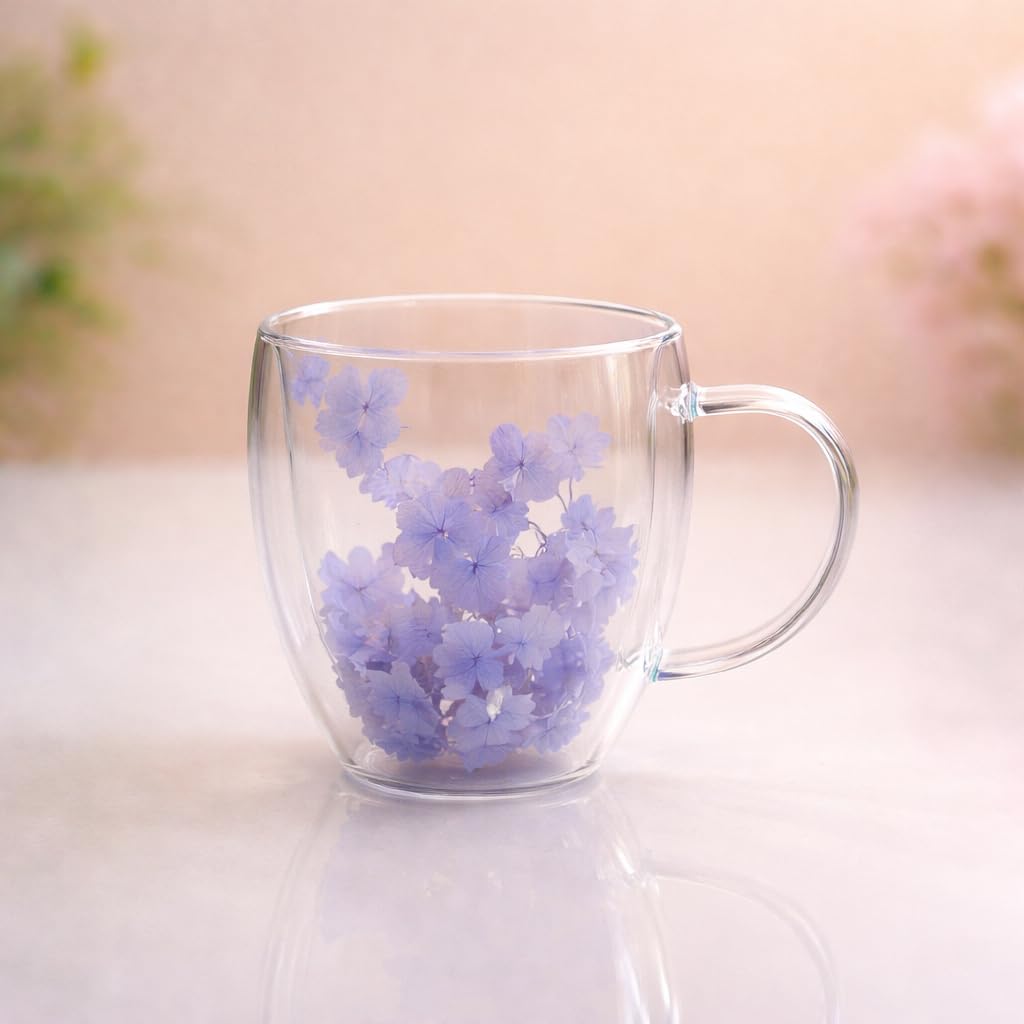 Floral Glass Cup (Pack of 2) 450ml Each | Premium Transparent Double Wall Mug with Flowers (Purple)