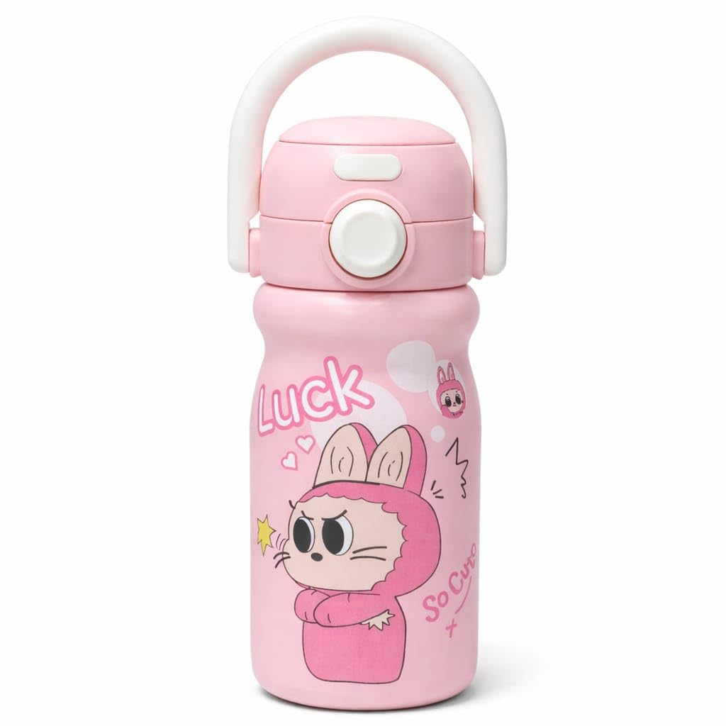 Cute cartoon printed water bottle with handle. 520 ml capacity, lightweight and easy to carry. Perfect for kids, school, travel and daily use. (Pink)