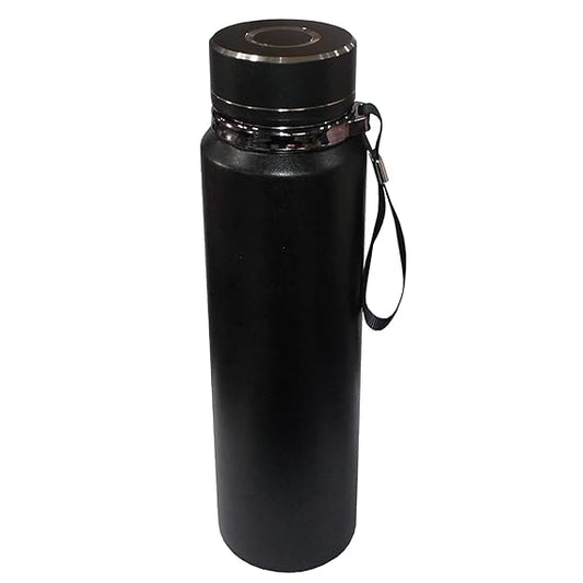 Black water bottle with a silver cap on a white background
