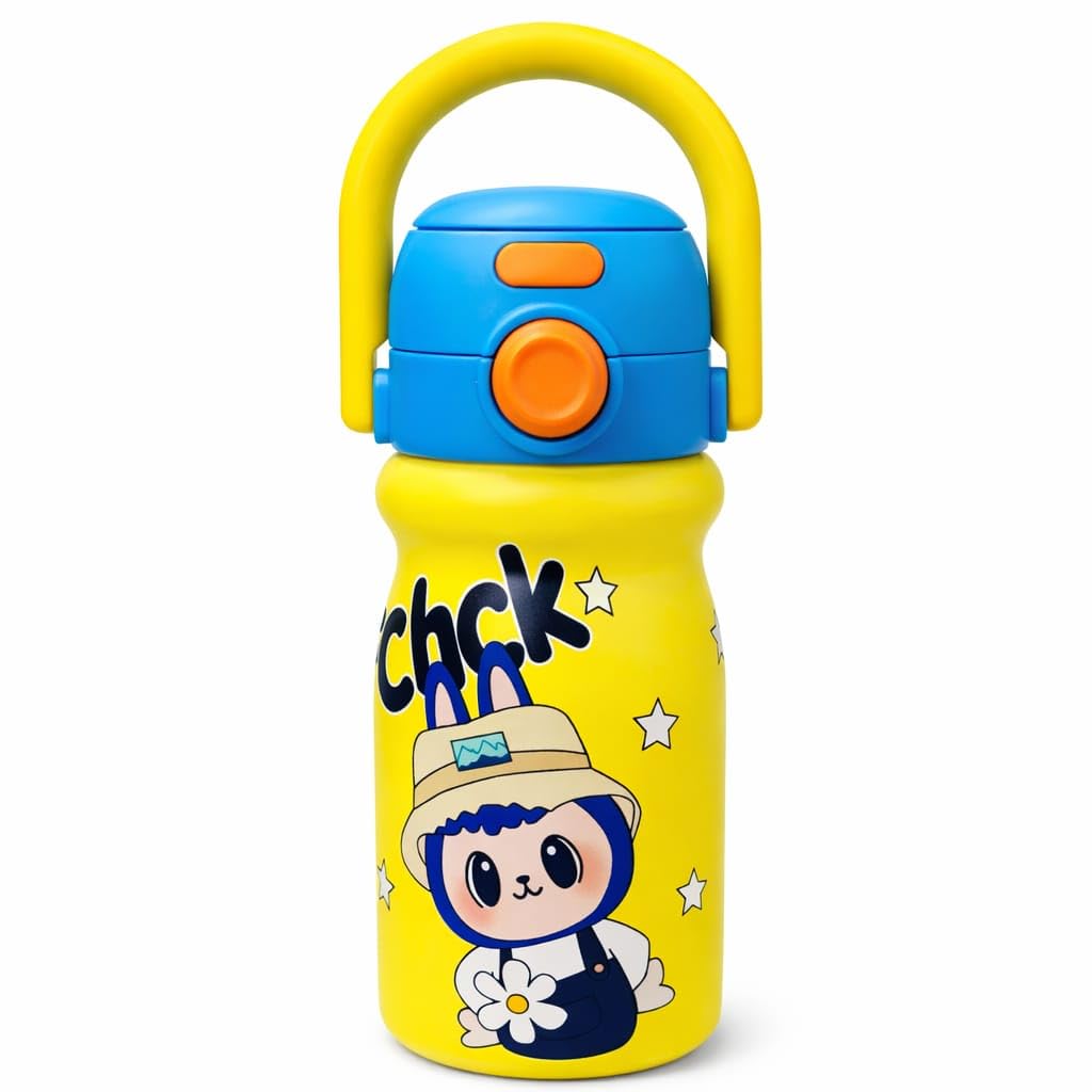 Cute cartoon printed water bottle with handle. 520 ml capacity, lightweight and easy to carry. Perfect for kids, school, travel and daily use. (Yellow)
