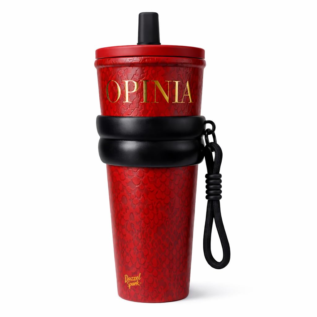 Red tumbler with black lid and handle, featuring 'Opinia' branding on a white background.