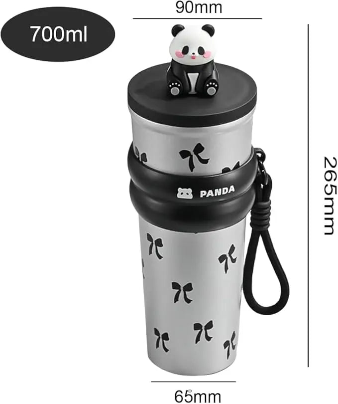 Panda-themed tumbler with measurements on a white background