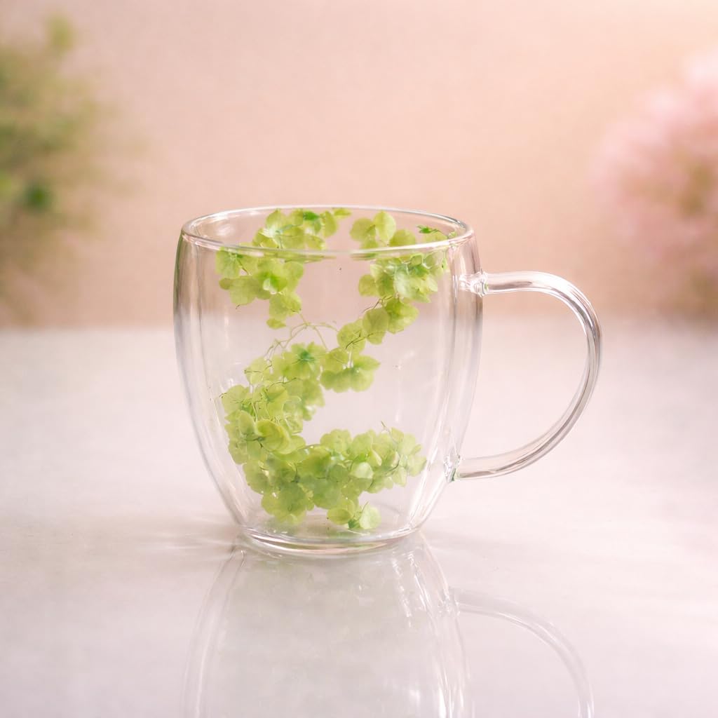 Floral Glass Cup (Pack of 2) | Premium Transparent Double Wall Mug with Flowers (Assorted)