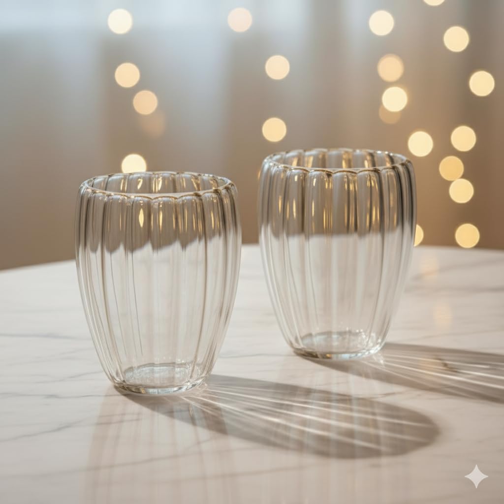 Double Wall Glass Cups with Petal Design, 300ml, Set of 2, Heat Resistant Borosilicate Glass for Hot and Cold Drinks Dailyalley