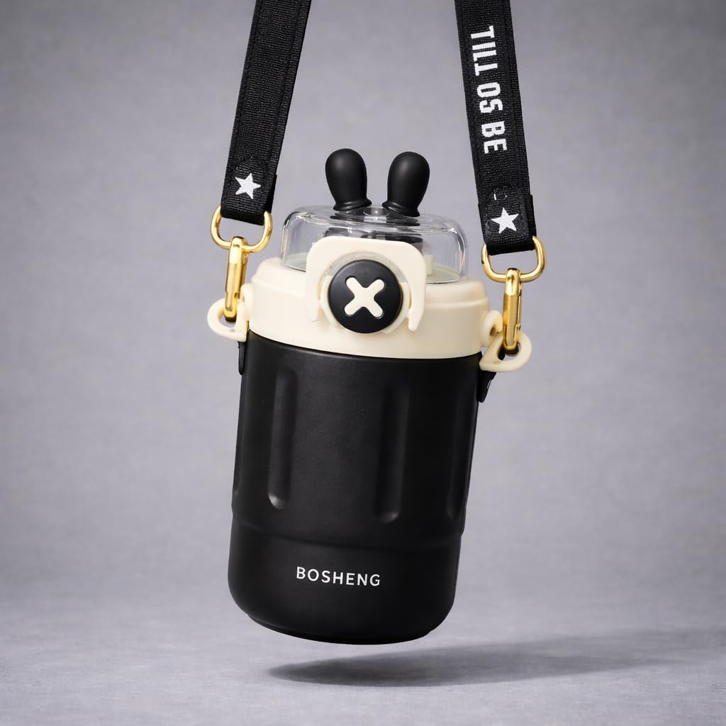300 ml Kids Water Bottle with Stylish Carry Strap | Leakproof Lock Cap | Cute Cartoon Design | Portable Sipper for School & Travel (Black)