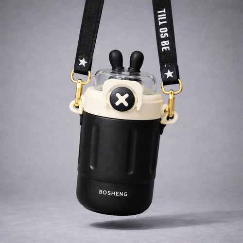 300 ml Kids Water Bottle with Stylish Carry Strap | Leakproof Lock Cap | Cute Cartoon Design | Portable Sipper for School & Travel (Black)