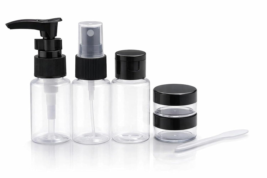 Travel Bottles for Toiletries with Pouch (6 Pcs) | Refillable Empty Toiletry Containers for Shampoo, Lotion, Creams, Perfume & Cosmetics | Portable Travel Kit (Black)