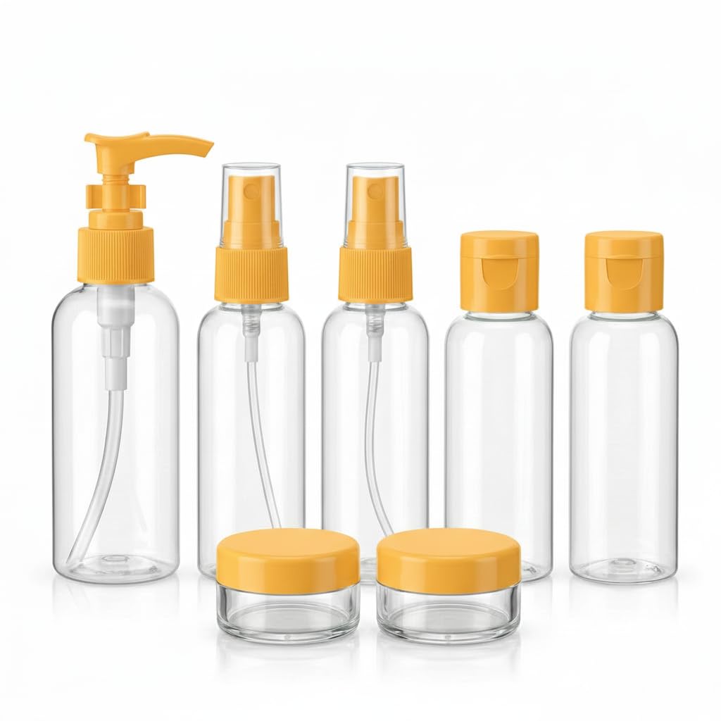 Travel Bottles for Toiletries with Pouch (7 Pcs) | Refillable Toiletry Containers for Shampoo, Lotion, Creams, Perfume & Cosmetics | Portable Travel Kit (Orange)