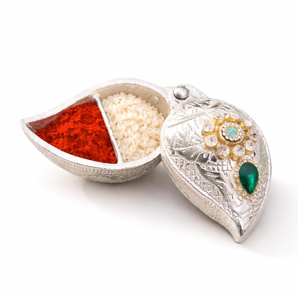 German Silver Designer Sindoor Dani Kumkum Box with Stone Work & Dual Compartment