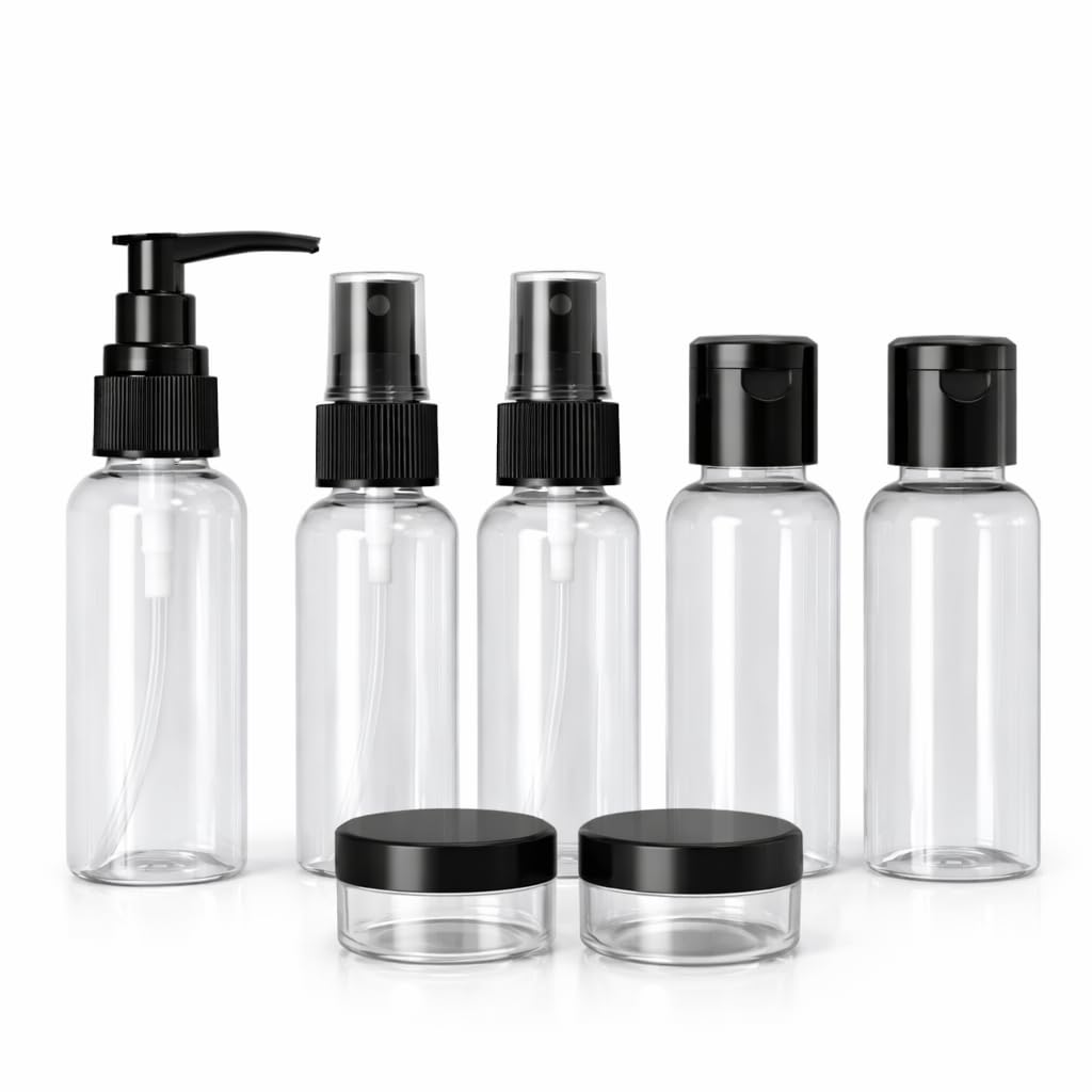 Travel Bottles for Toiletries with Pouch (7 Pcs) | Refillable Toiletry Containers for Shampoo, Lotion, Creams, Perfume & Cosmetics | Portable Travel Kit (Black)