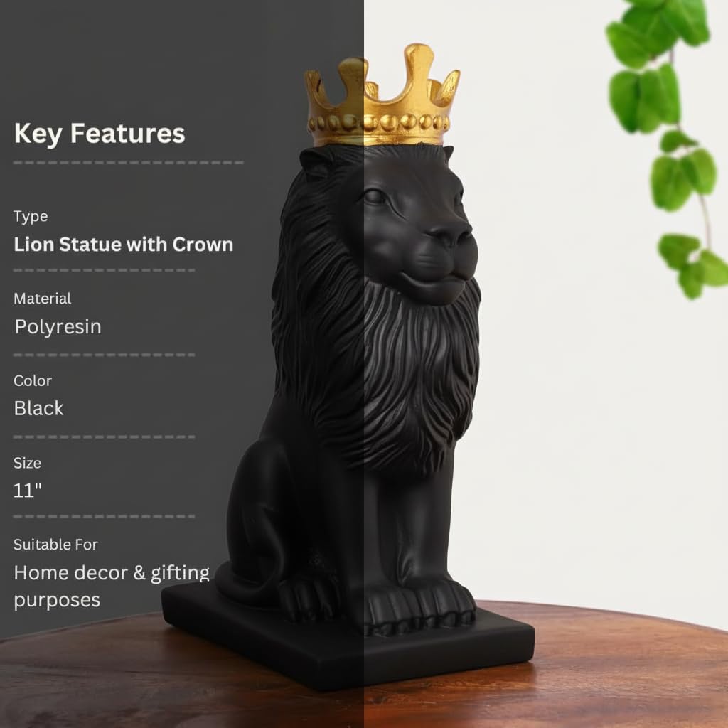 DailyAlley Black & Gold Plated Crowned Lion King Statue (11 Inch) | Premium Polyresin Decorative Showpiece for Home, Office Desk, Living Room & Luxury Gifting Dailyalley