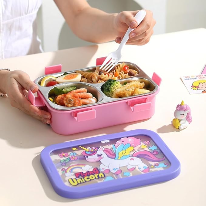 3 Compartment Stainless Steel Lunch Box for Kids | Leakproof Bento Tiffin Box (SS304) with Spoon & Fork