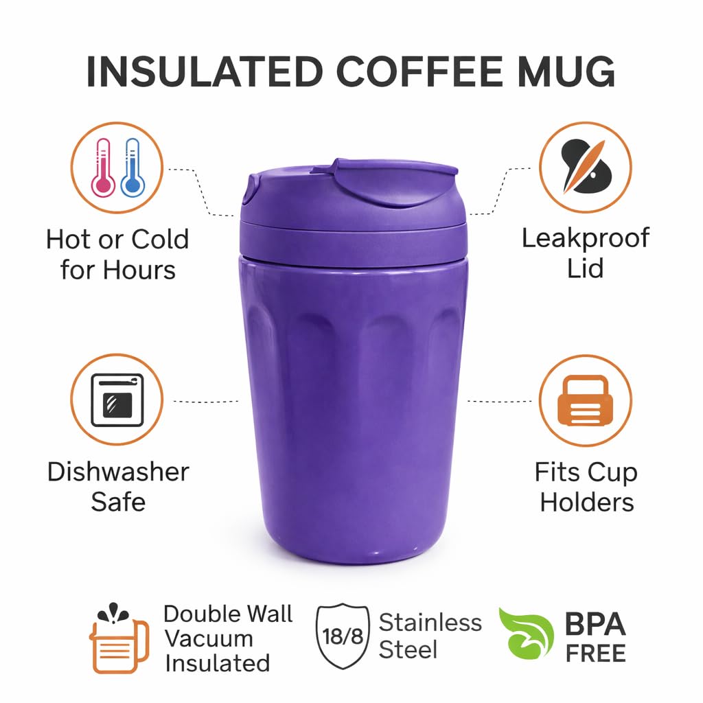Travel Coffee Mug 360ml – Double Wall Vacuum Insulated Stainless Steel Cup with Lid, Leakproof Thermal Tumbler for Office & Coffee (Purple)