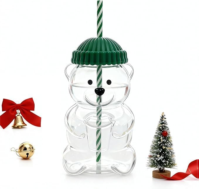 Bear Shaped Glass Cup with Straw & Lid