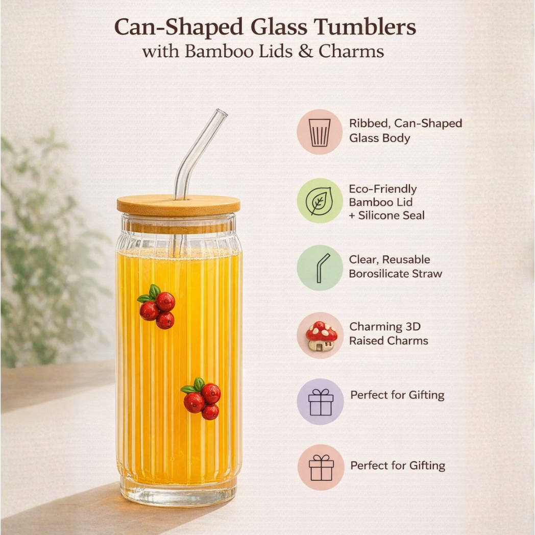 DailyAlley Ribbed Glass Tumbler with Bamboo Lid & Straw (400ml Each)