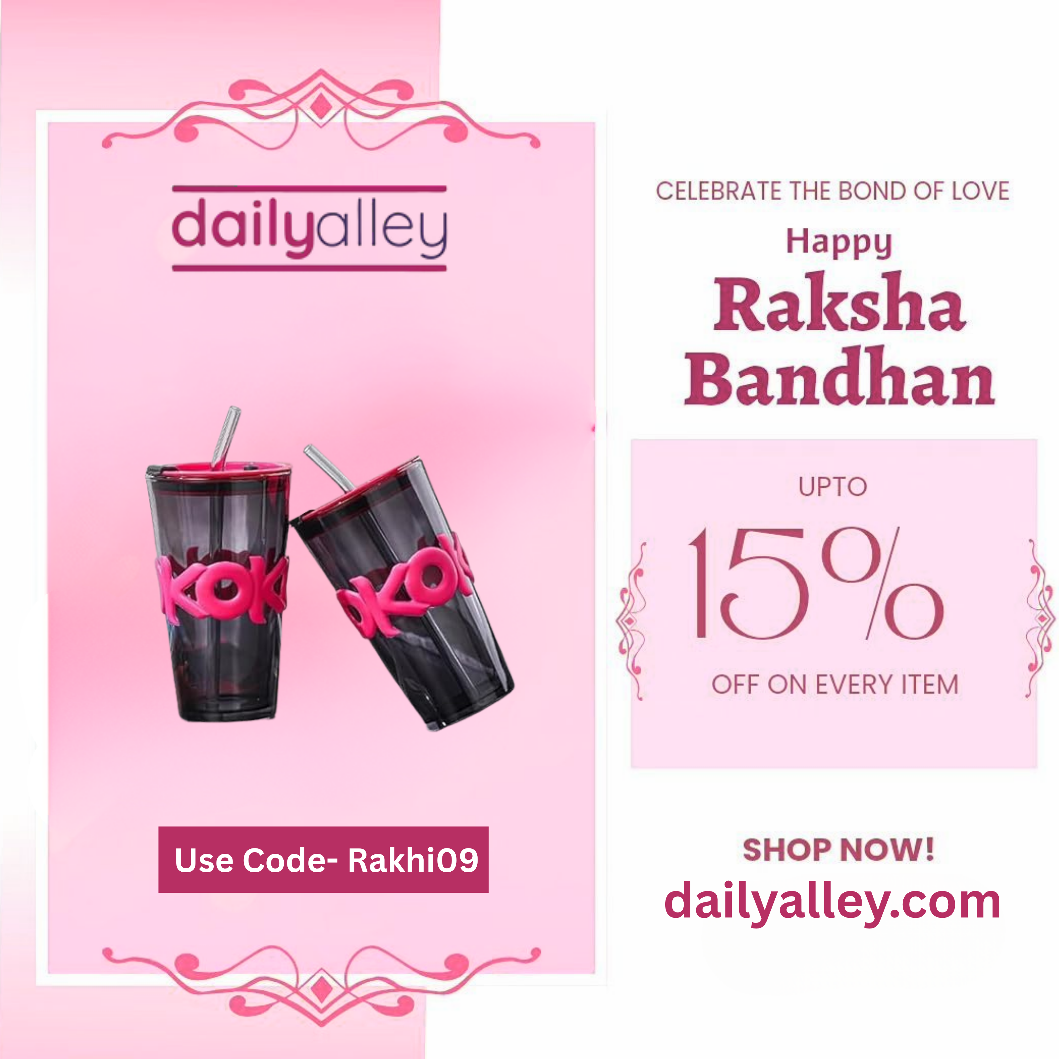 Advertisement for daily alley with promotional offer on a pink background