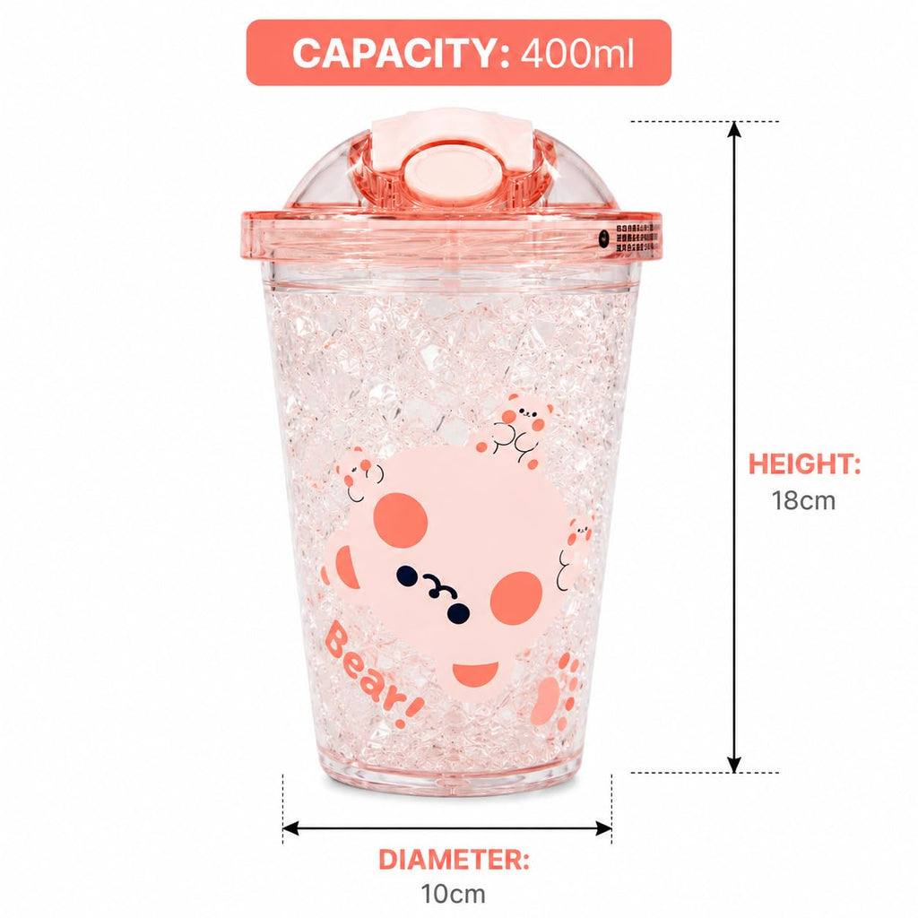 Cute Bear Tumbler for Kids & Girls 450ML - Leakproof Sipper Cup with Straw, Crystal Ice Textured Transparent Water Bottle with Flip Lid - Lightweight Freezer Safe Juice Coffee Cup (Yellow)