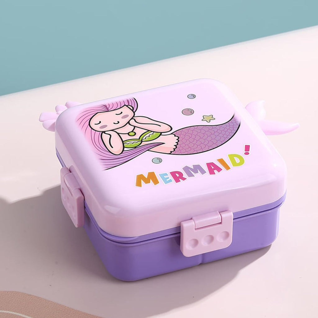 Mermaid Lunch Box for Kids Girls | Cute Tiffin Box for School Girls | 3 Compartment Stainless Steel Box with Leakproof Lid, Sauce Container & Spoon | Lunchbox for School & Picnic (Purple)