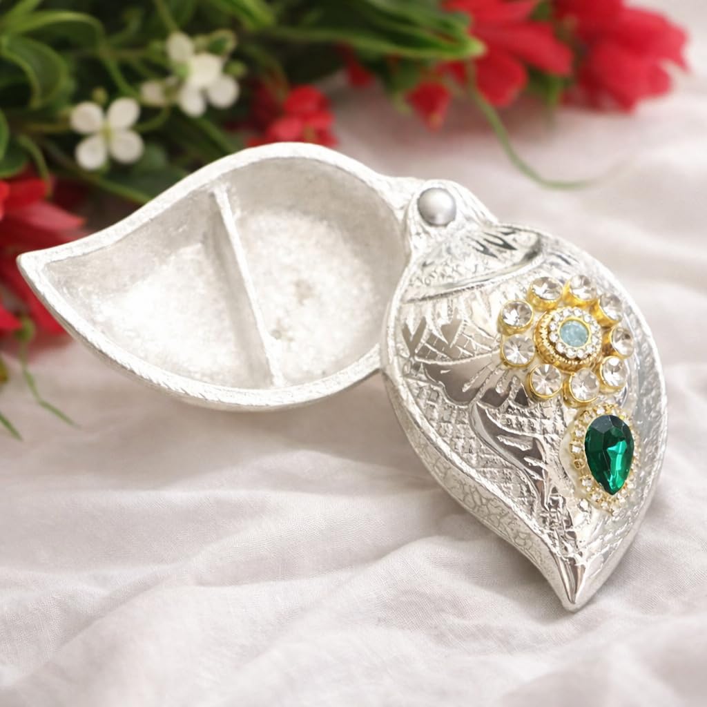 German Silver Designer Sindoor Dani Kumkum Box with Stone Work & Dual Compartment