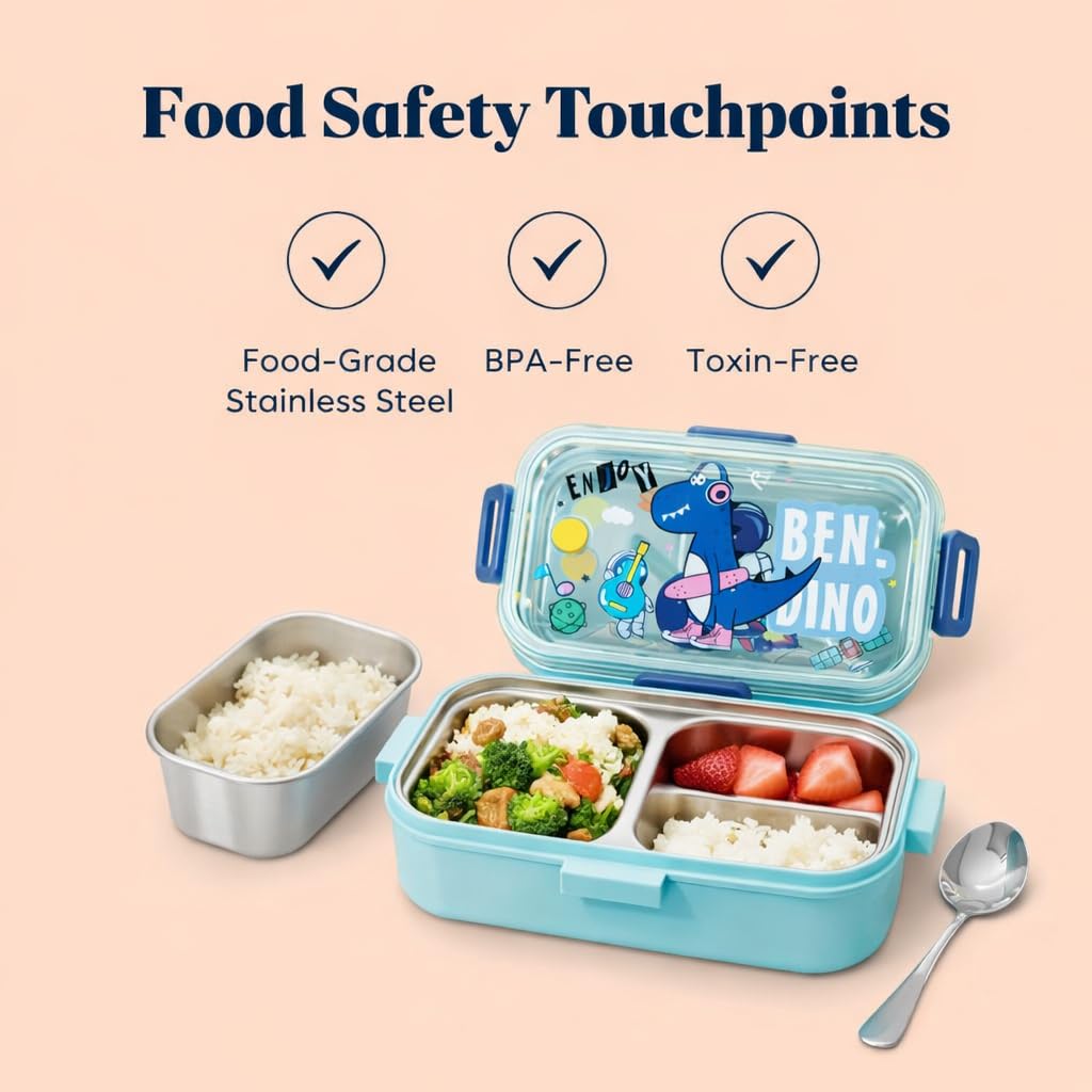 Lunch Box for Kids | Cute Tiffin Box for School | Stainless Steel Box with Leakproof Lid, Sauce Container & Spoon (Blue Dinosaur)