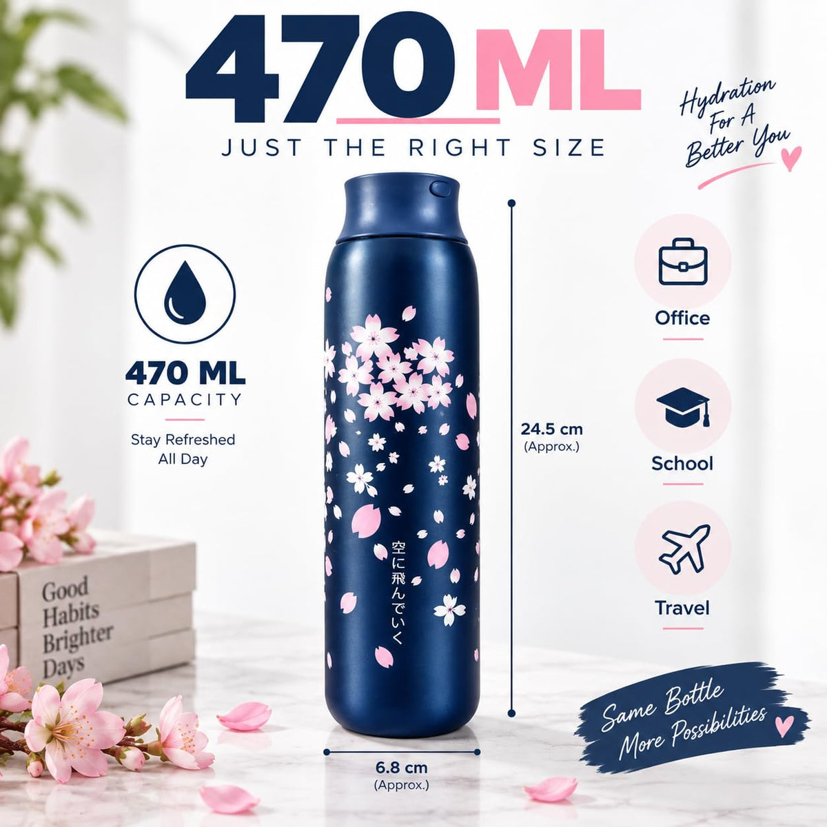 Stainless Steel Water Bottle 470ml | Compact Reusable Steel Water Bottle | Stylish Floral Design | Easy to Carry | for School, Office, Travel & Daily Use